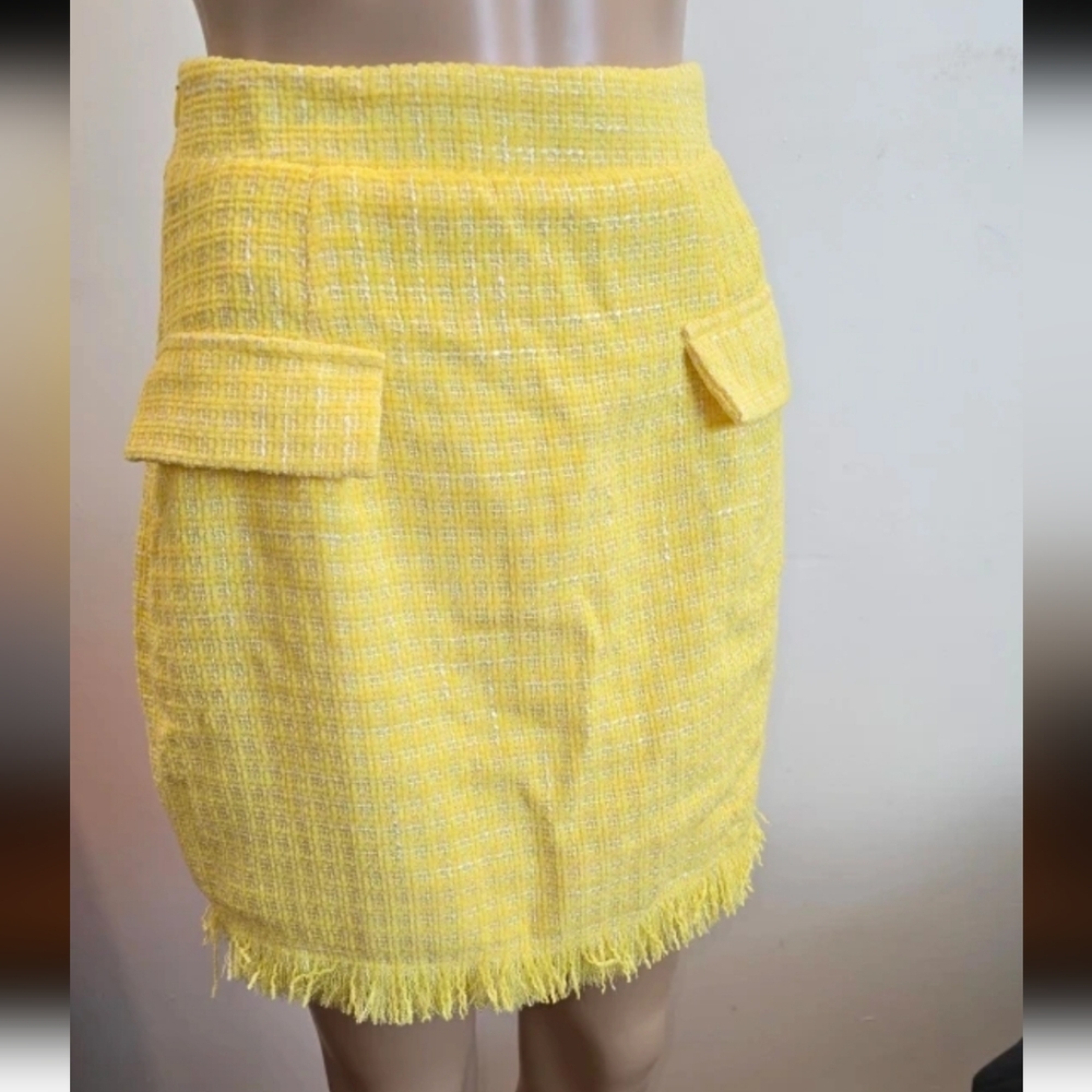 Yellow Tweed Mini Skirt with Raw Hem - Small
